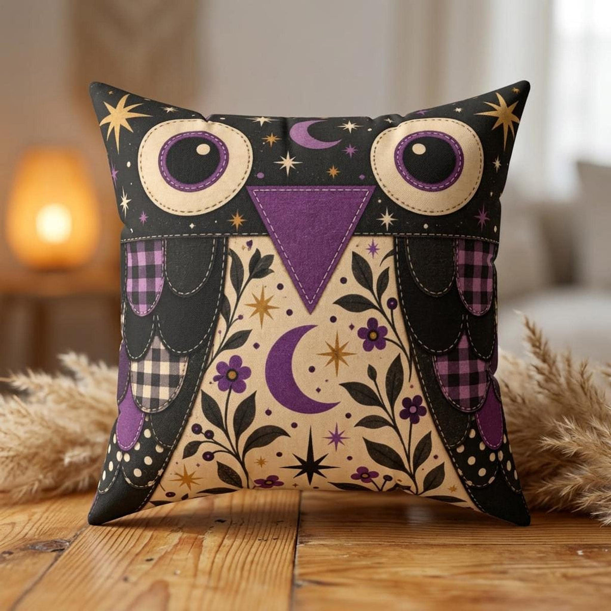Purple Owl Pillow, Square Faux Suede Cover with Double-Sided Print