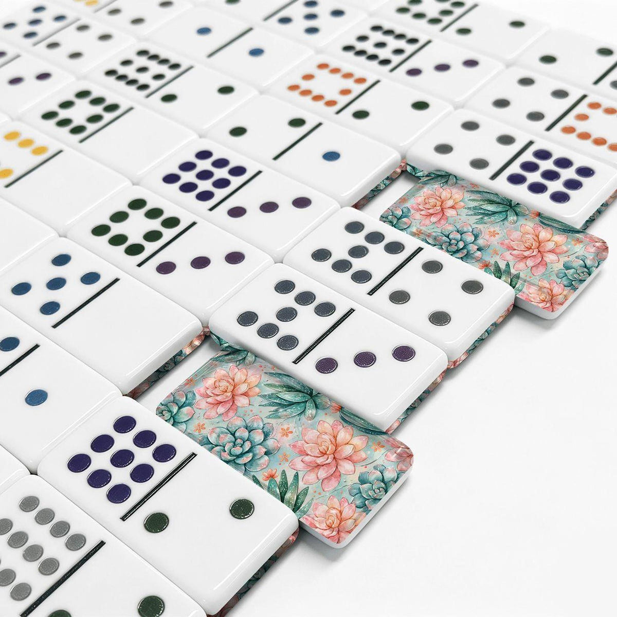 Mexican Train Set, Double 12 Acrylic Dominoes With Succulent Garden Design