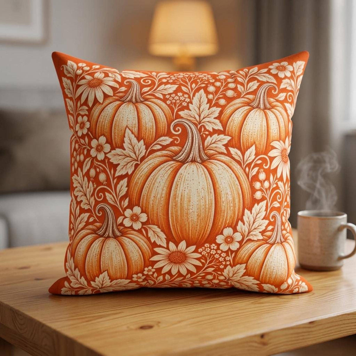 Pumpkin Pillow, Faux Suede Cover with Double-Sided Autumn Print