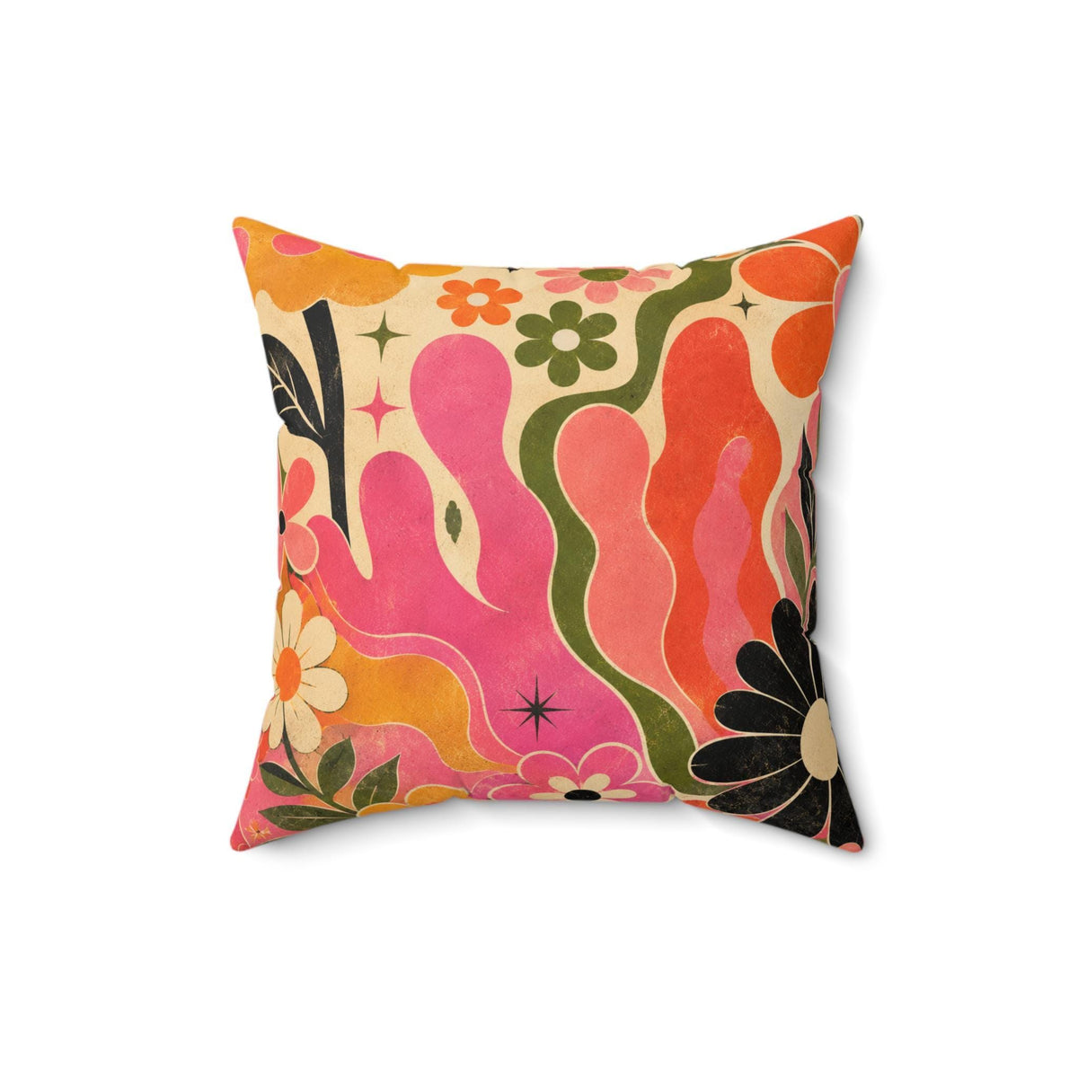 Retro Floral Pillow, 70s Boho Flower Pattern in Plush Faux Suede