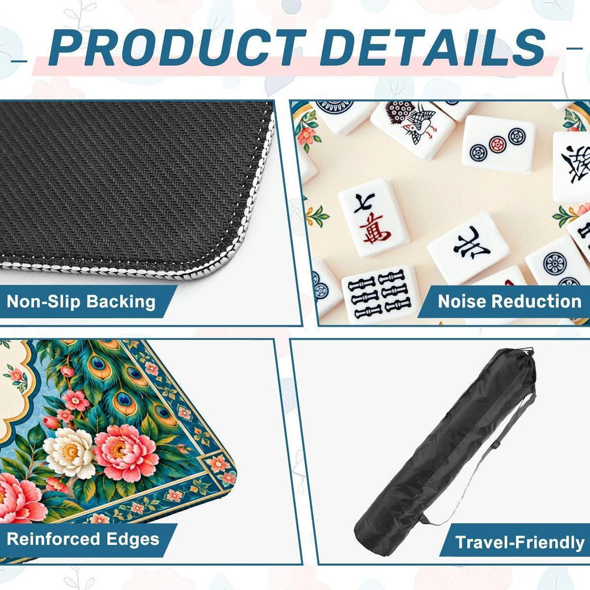 Peacock American Mahjong Mat, Non-Slip Rubber Backing, Polyester Surface