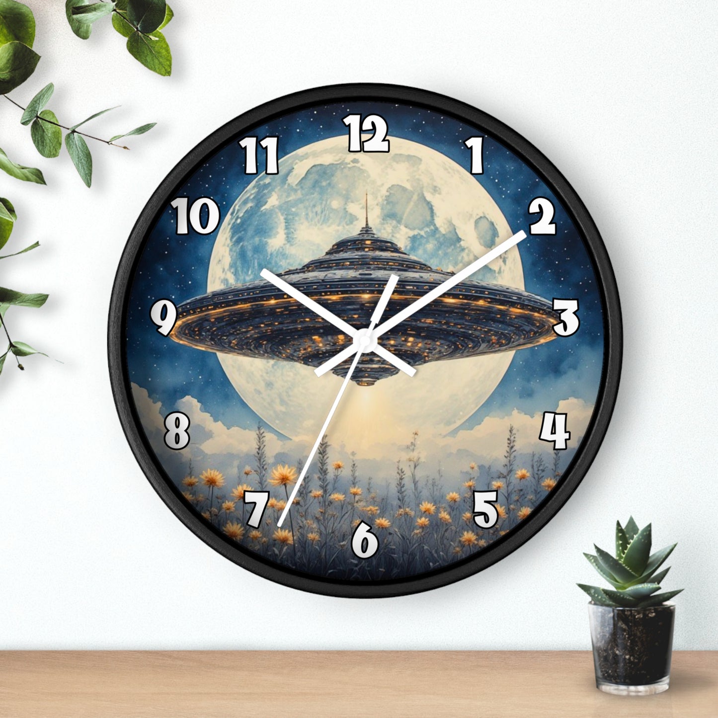 UFO Over Moon Wall Clock, Sci Fi Spaceship Moonlight Timepiece