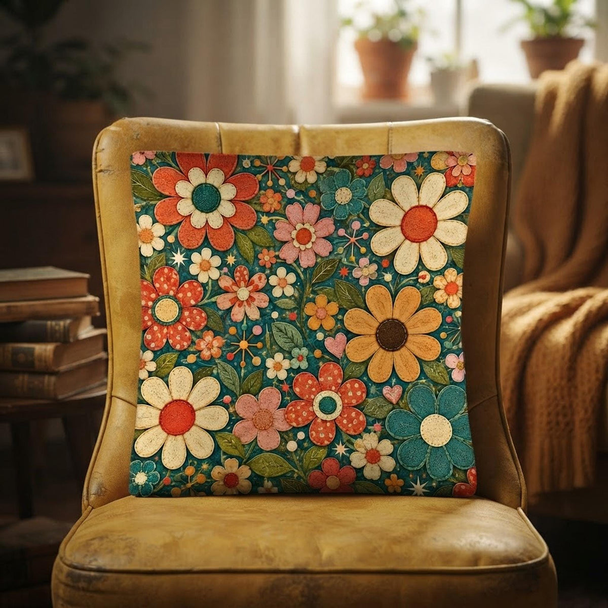 Retro Flower Pillow, 18x18 100% Polyester Faux Linen with Insert