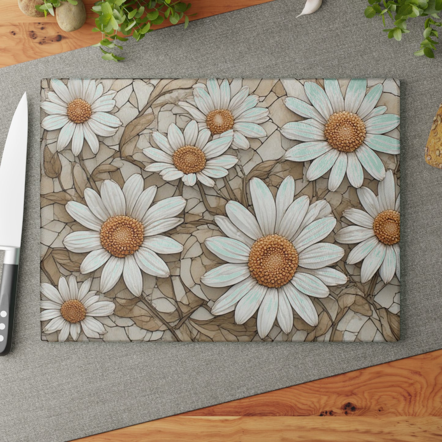 White Daisy Floral Glass Cutting Board, Floral Kitchen Countertop Decor