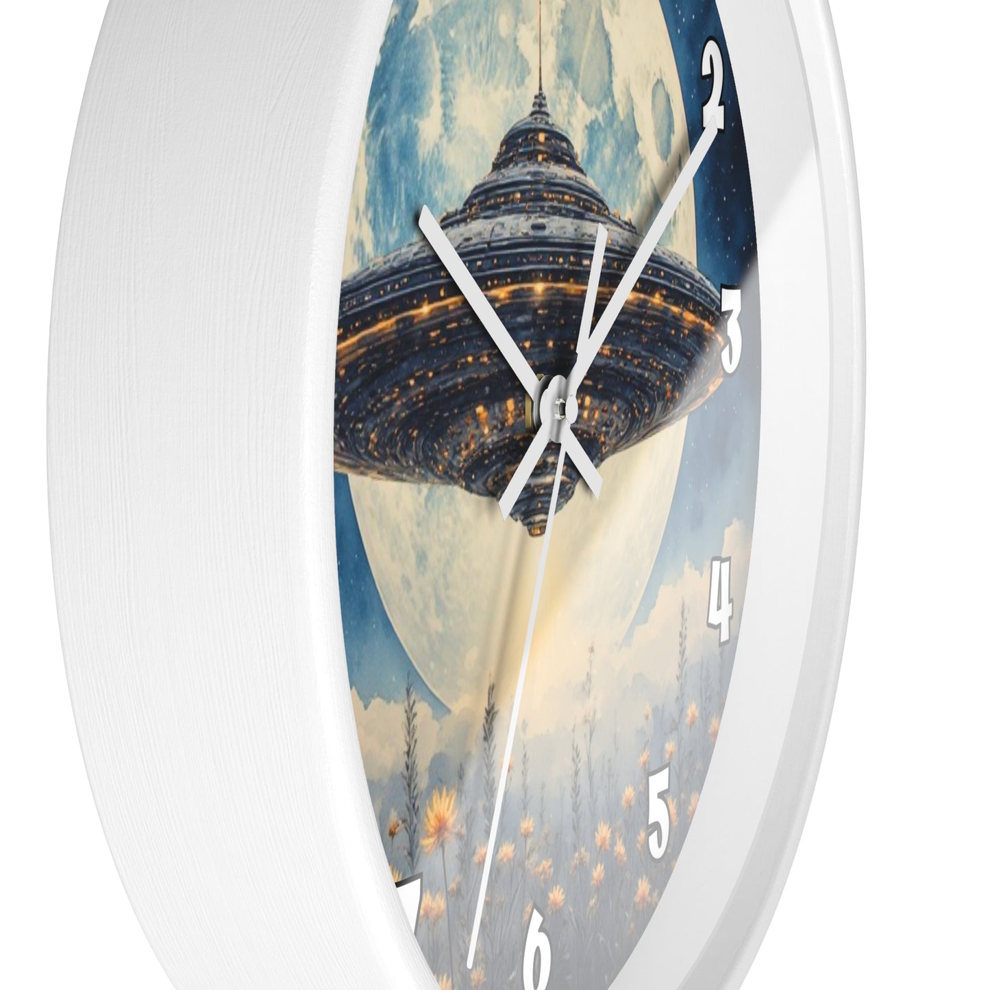UFO Over Moon Wall Clock, Sci Fi Spaceship Moonlight Timepiece