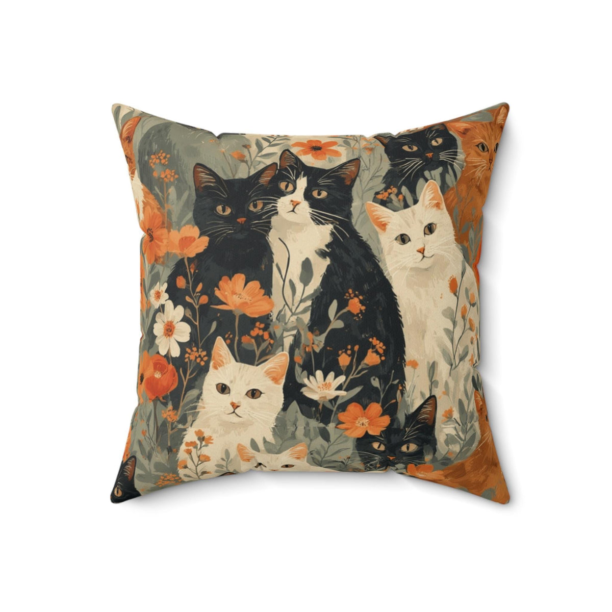 Floral Cat Pillow, Vintage Faux Suede Cushion with Charming Cat Illustration