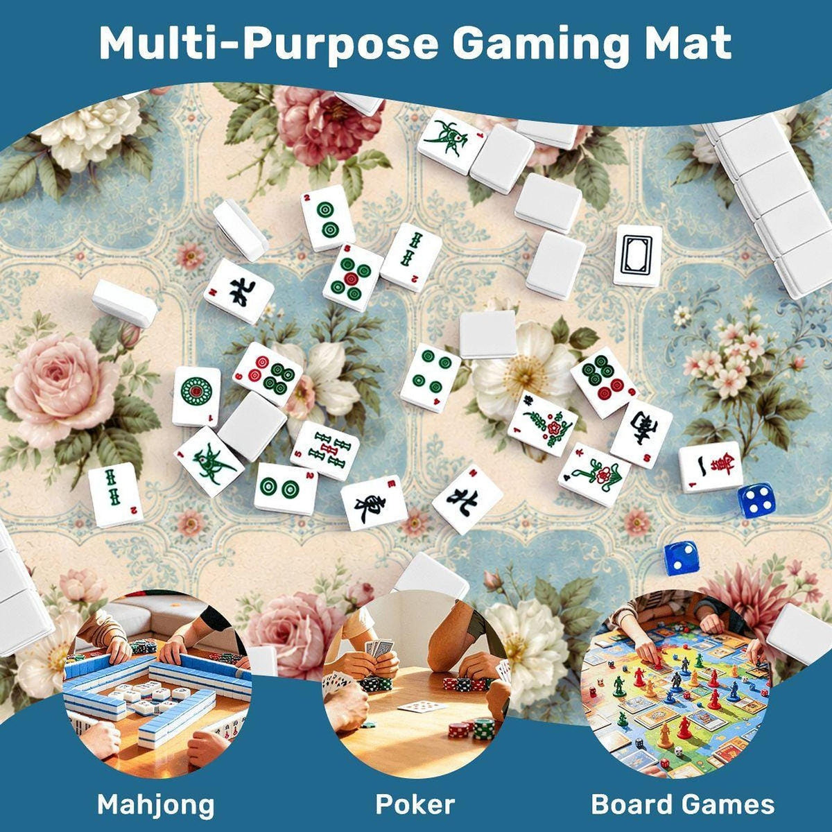 Floral Mahjong Mat, Smooth Polyester Surface with Non-Slip Rubber Backing