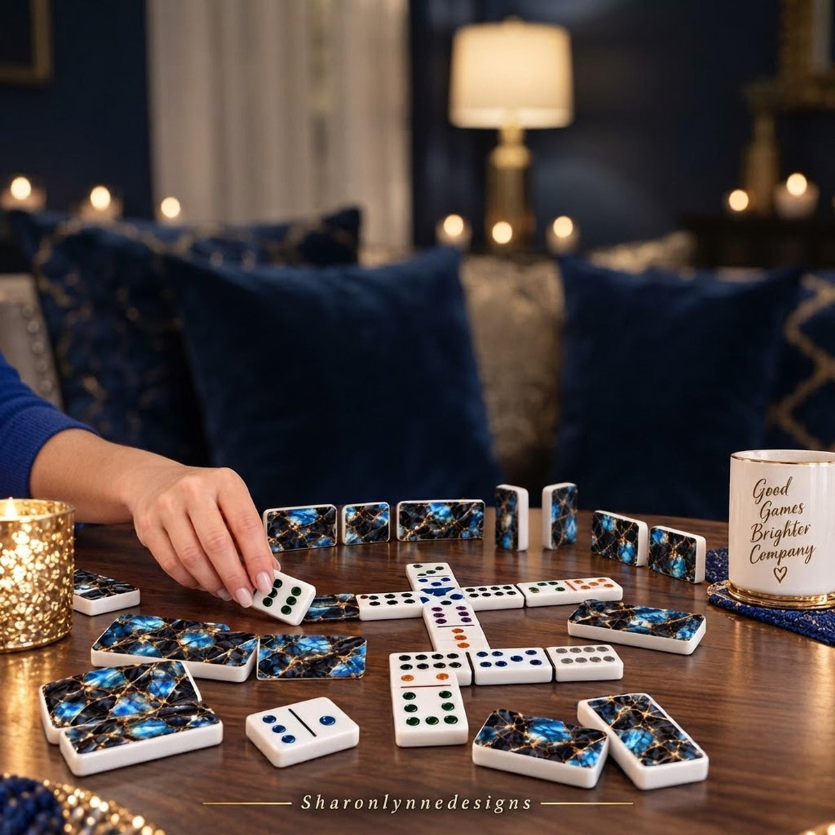 Blue Acrylic Double 12 Dominoes Set, Mexican Train Game with Storage Box