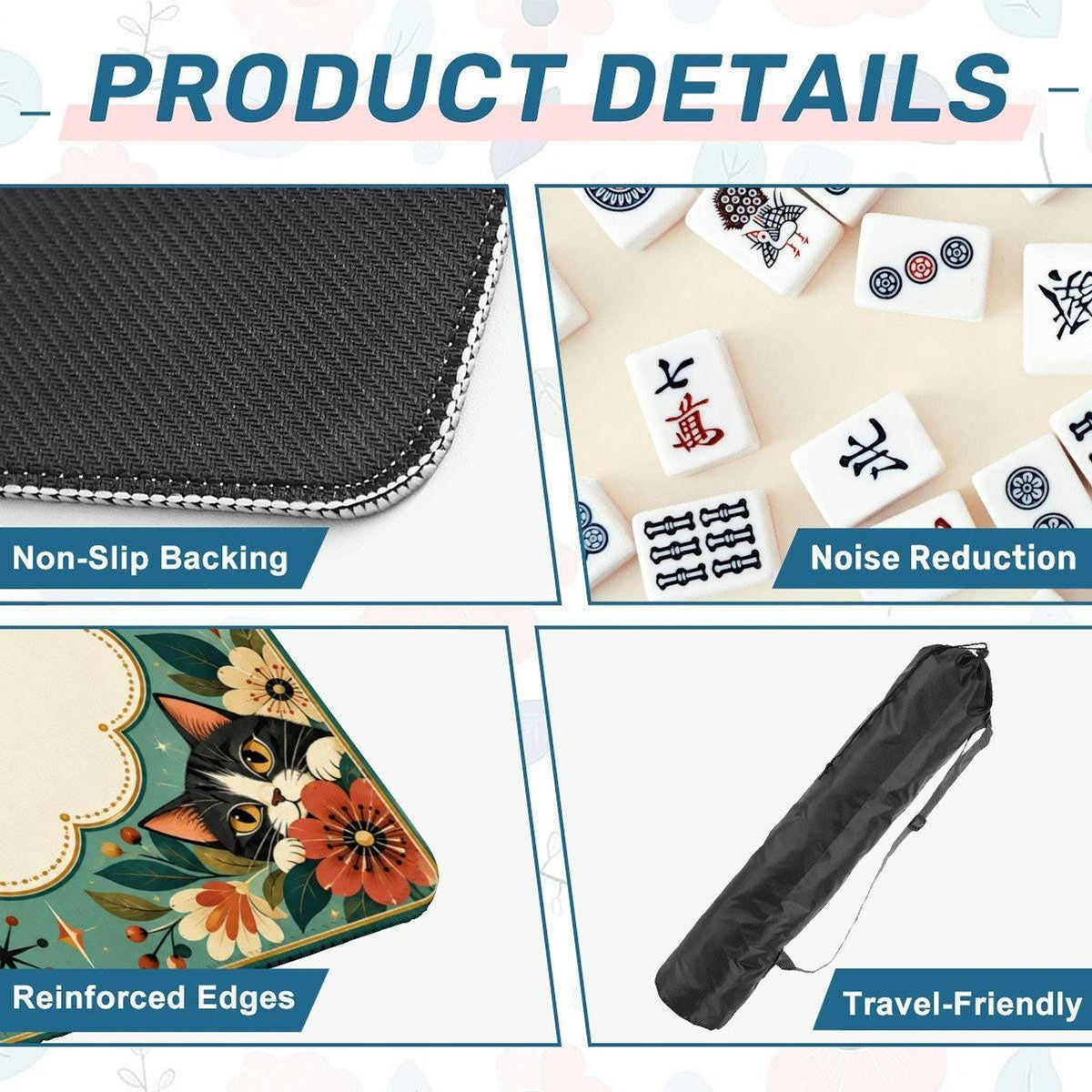 Retro Cat Mahjong Mat, American Game Mat with Non-Slip Rubber Backing