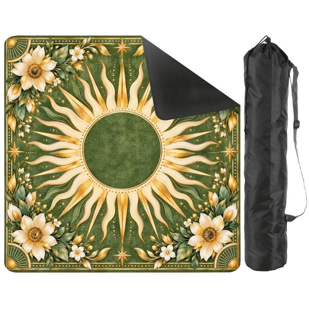 Mahjong Game Mat, 33" Square Green and Gold Sun Design Polyester
