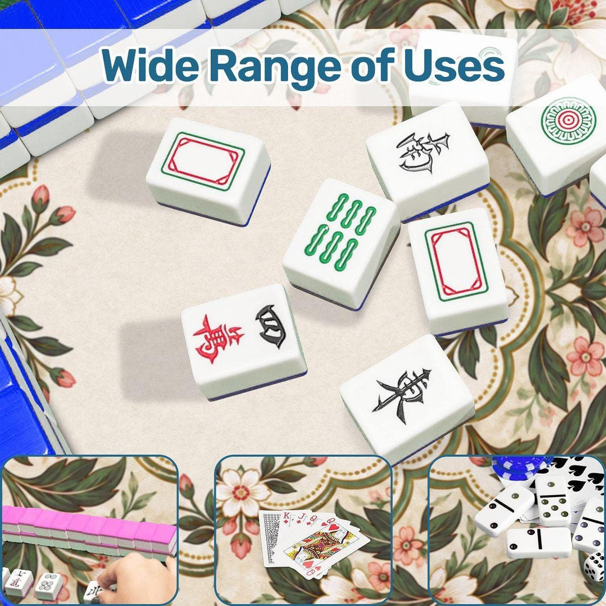 Floral American Mahjong Mat, Polyester Rubber Backing, Roll-Up Game Surface