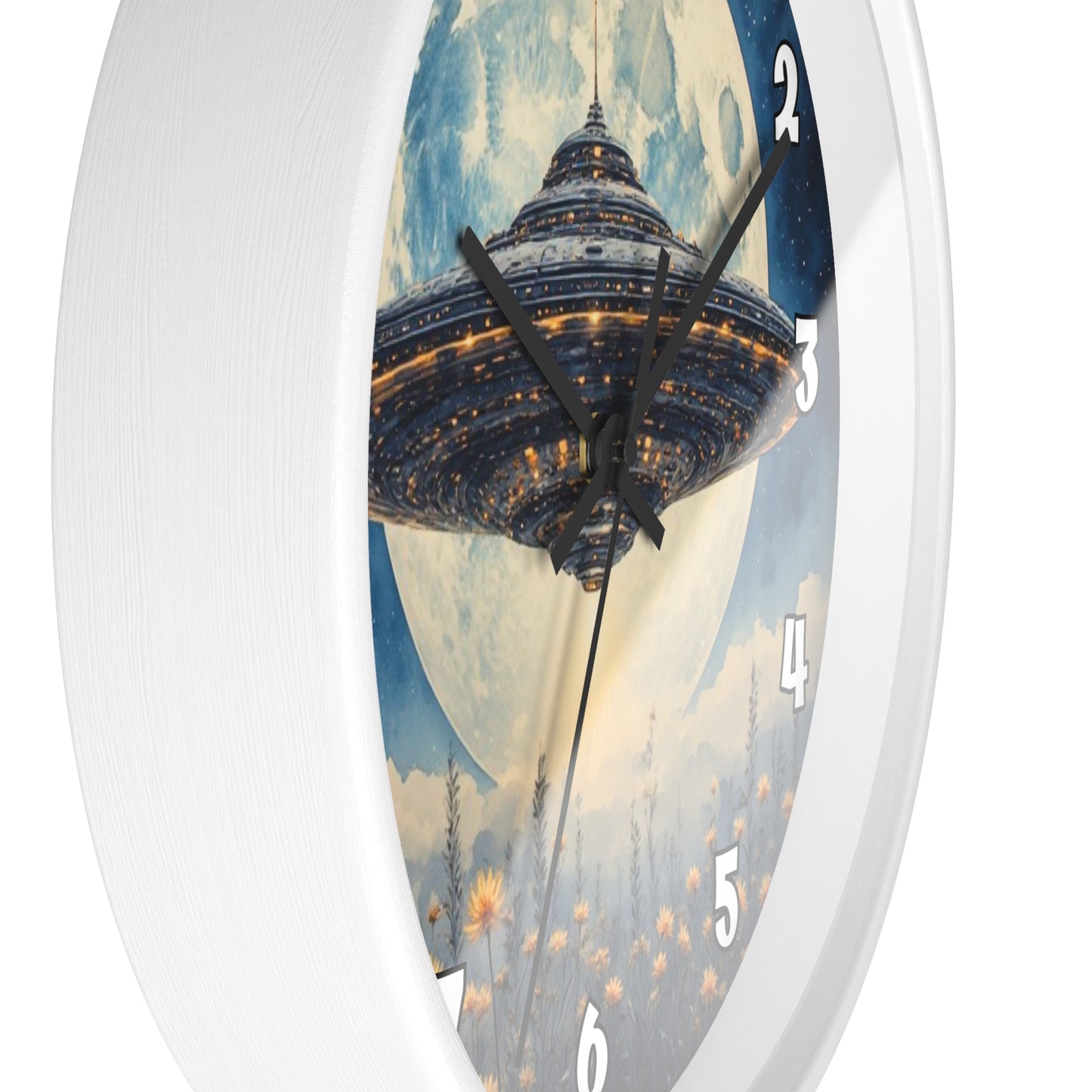 UFO Over Moon Wall Clock, Sci Fi Spaceship Moonlight Timepiece