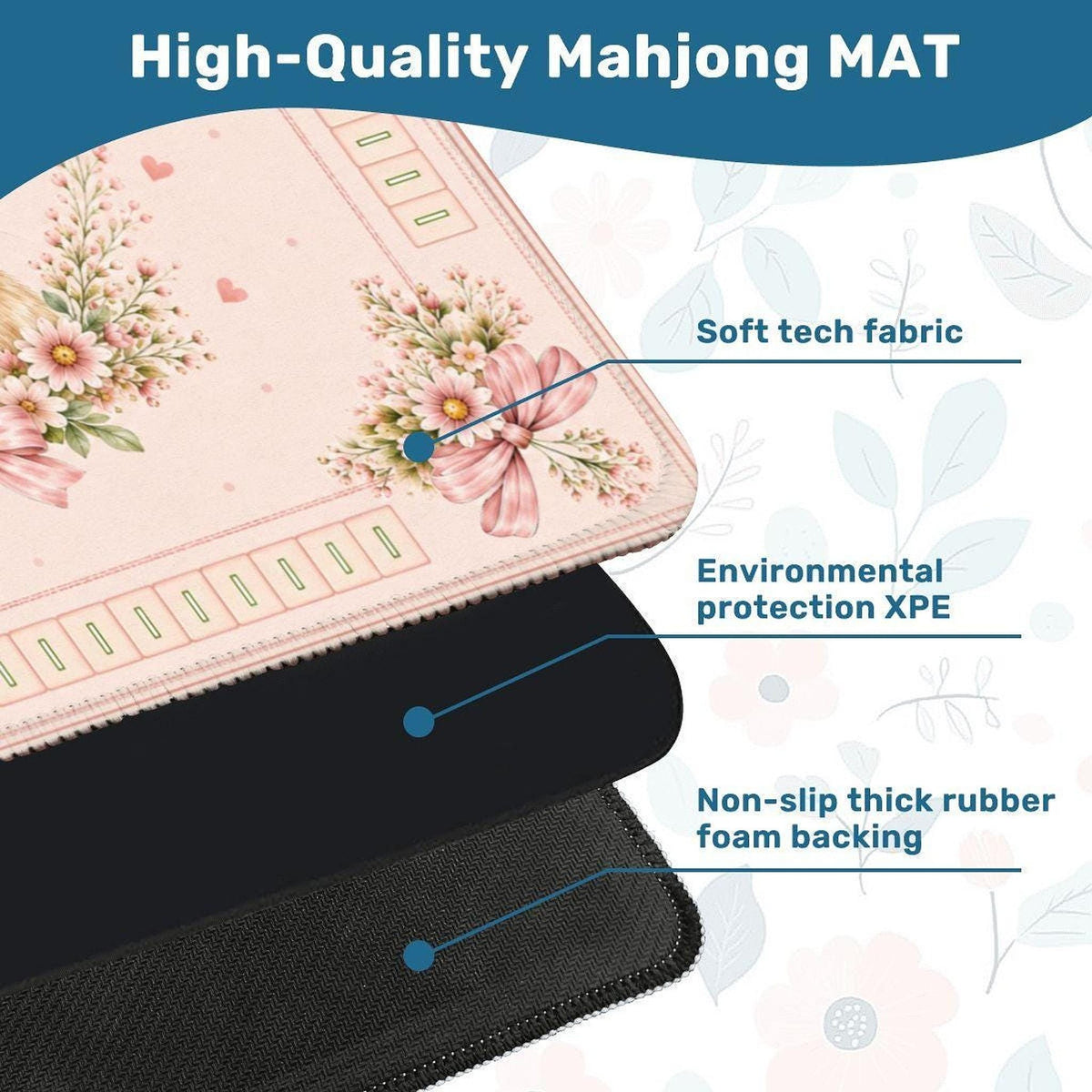 Rabbit Mahjong Mat, Pink Floral Design with Non-Slip Rubber Backing