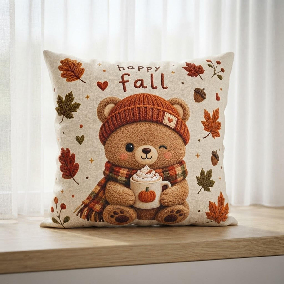 Cozy Sofa Pillow, Faux Suede Pillowcase with Double-Sided Fall Bear Print