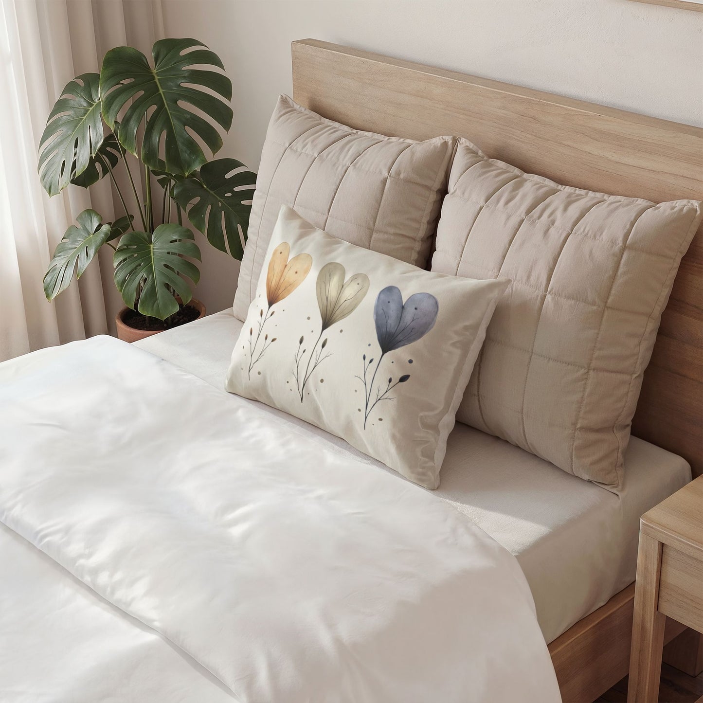 Watercolor Heart Flowers Cotton Pillow Sham | Floral Botanical Accent Pillowcase
