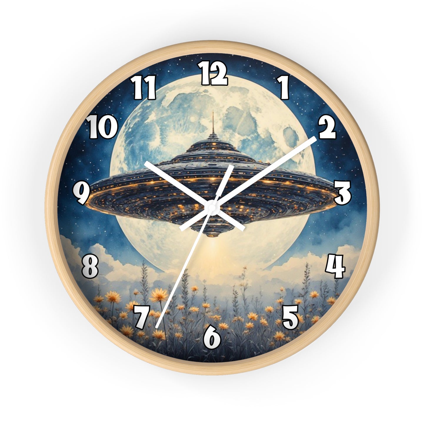 UFO Over Moon Wall Clock, Sci Fi Spaceship Moonlight Timepiece