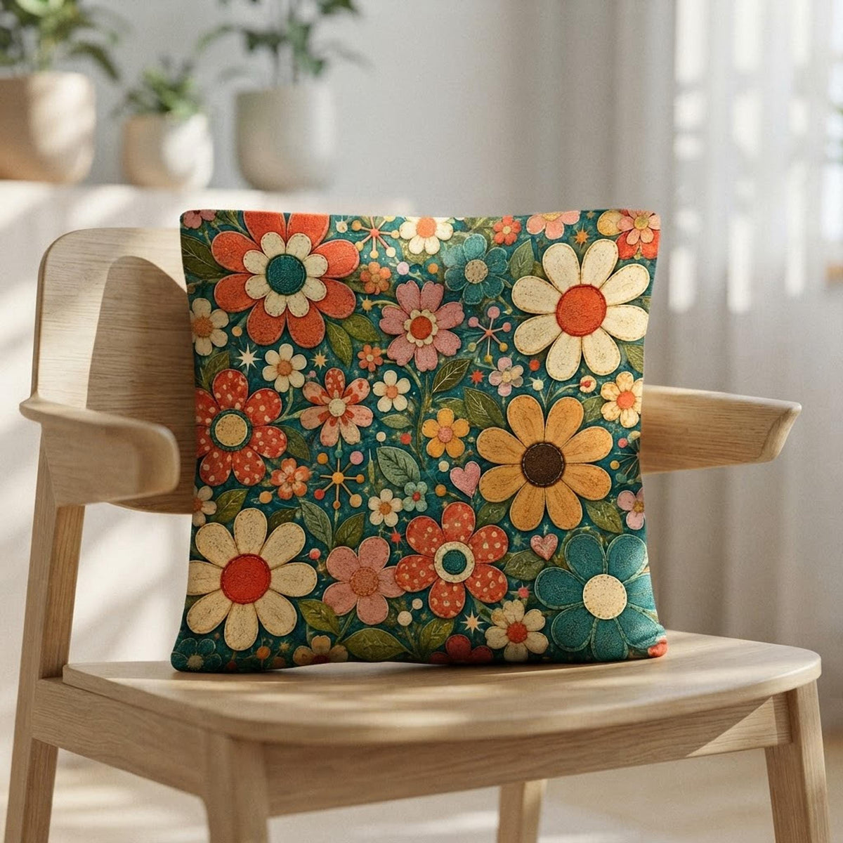 Retro Flower Pillow, 18x18 100% Polyester Faux Linen with Insert
