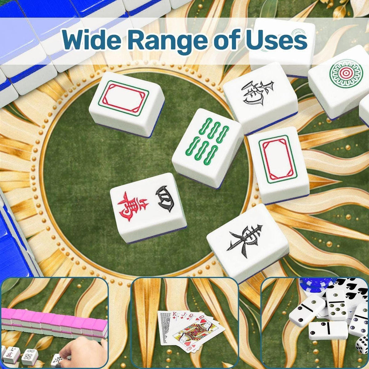 Mahjong Game Mat, 33" Square Green and Gold Sun Design Polyester