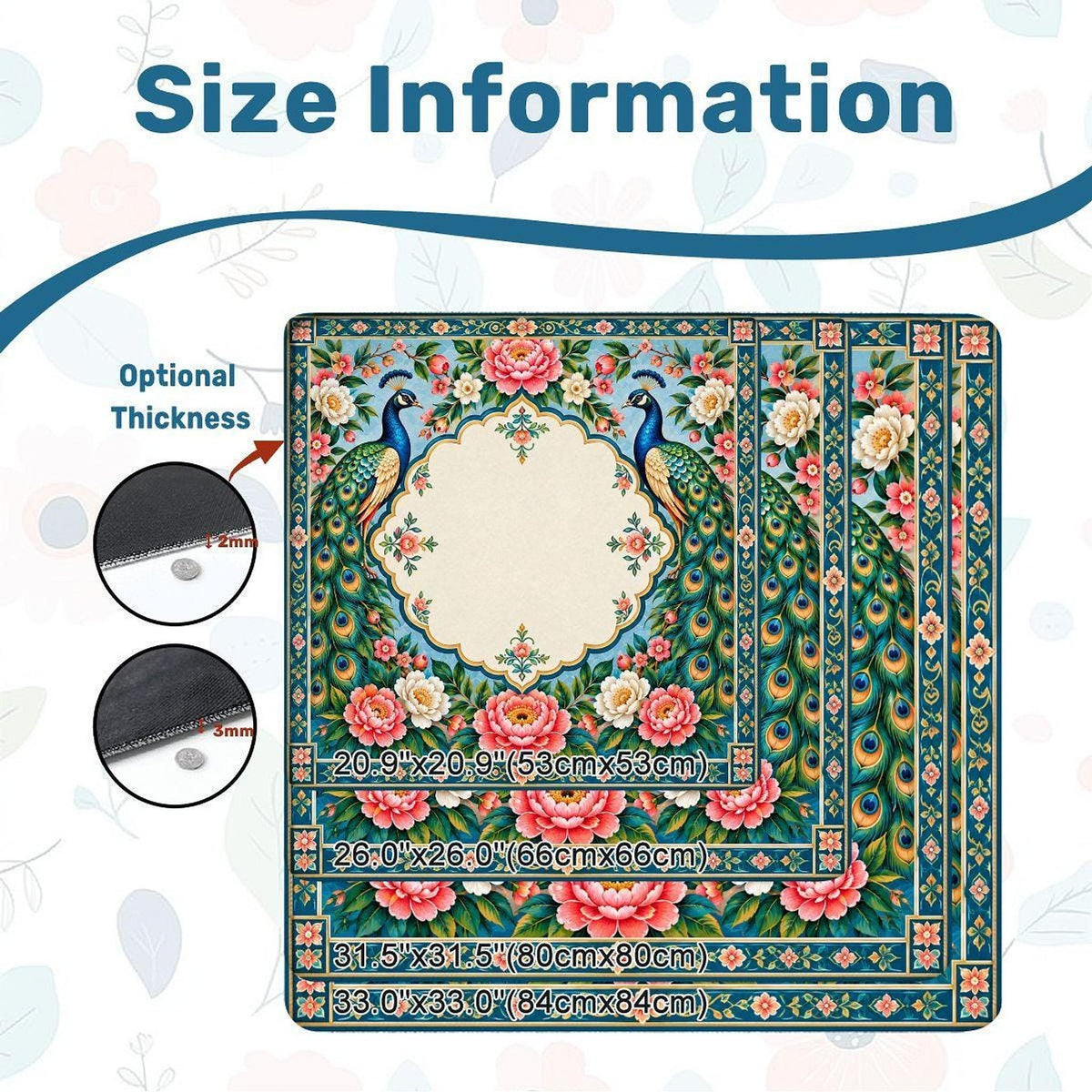 Peacock American Mahjong Mat, Non-Slip Rubber Backing, Polyester Surface
