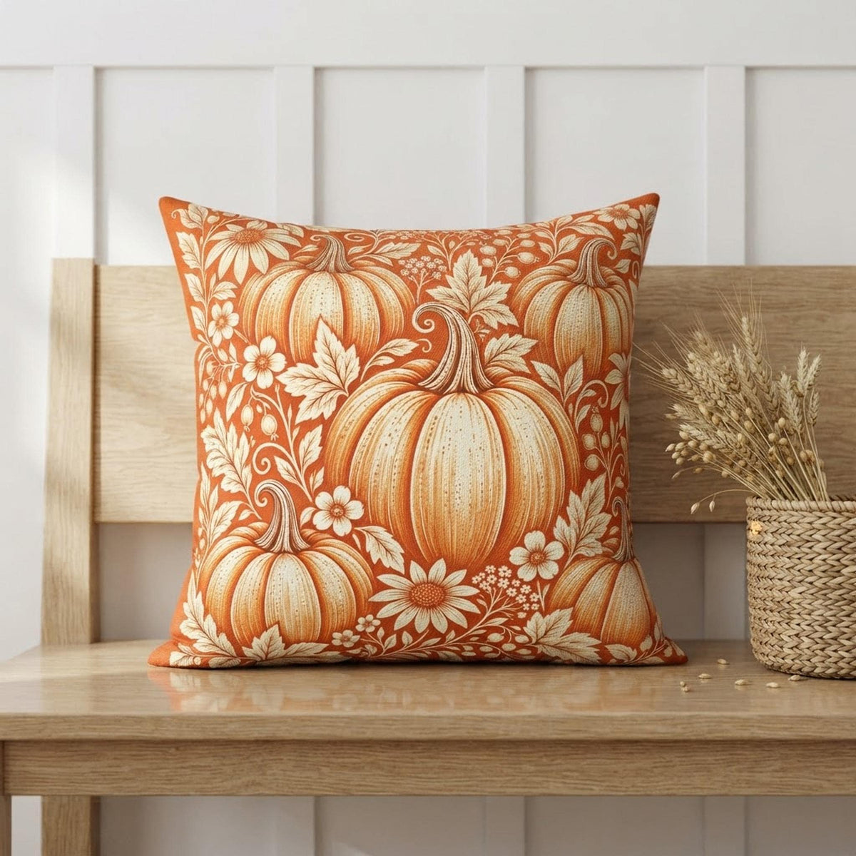 Pumpkin Pillow, Faux Suede Cover with Double-Sided Autumn Print