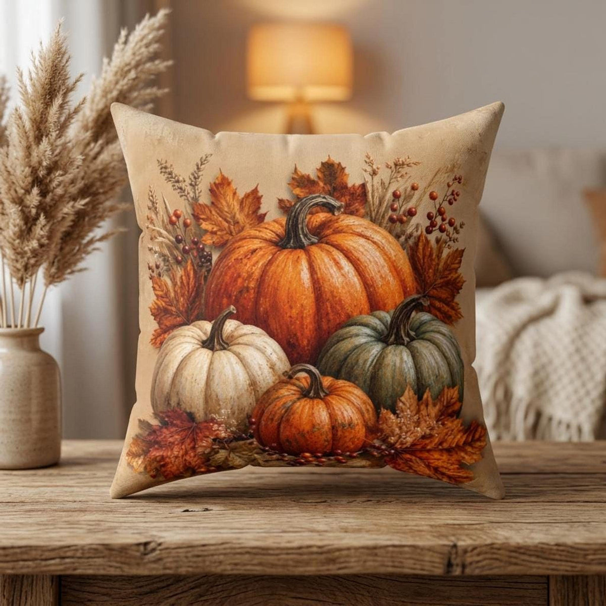 Autumn Pillow Cover, Beige Faux Suede Square with Double-Sided Pumpkin Print