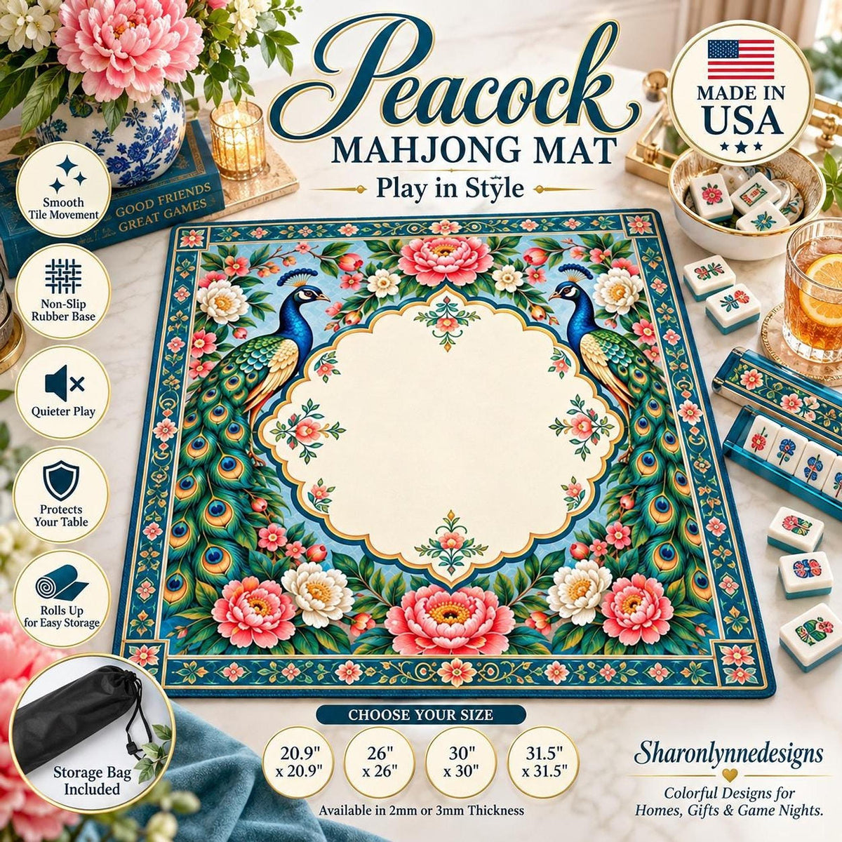 Peacock American Mahjong Mat, Non-Slip Rubber Backing, Polyester Surface