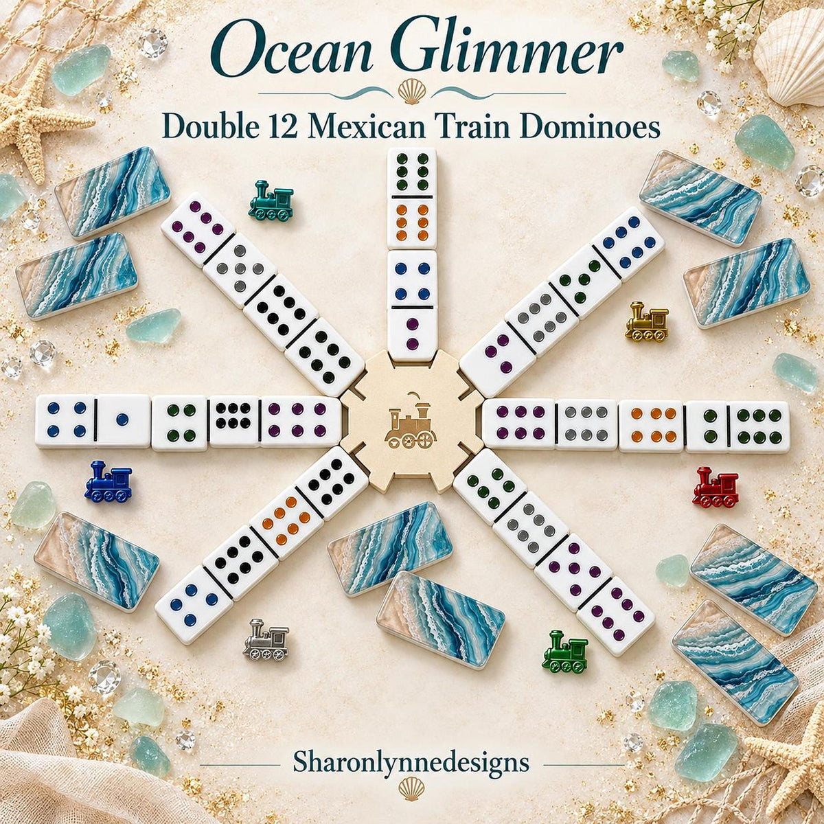 Ocean Acrylic Dominoes Set, Double 12 Mexican Train Game with Storage Box