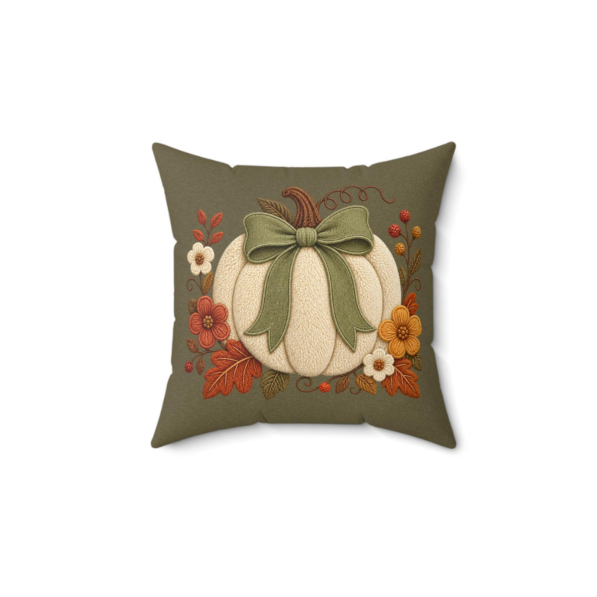 Double Sided Pillow Cover, 100% Faux Suede with Cream Pumpkin and Sage Bow