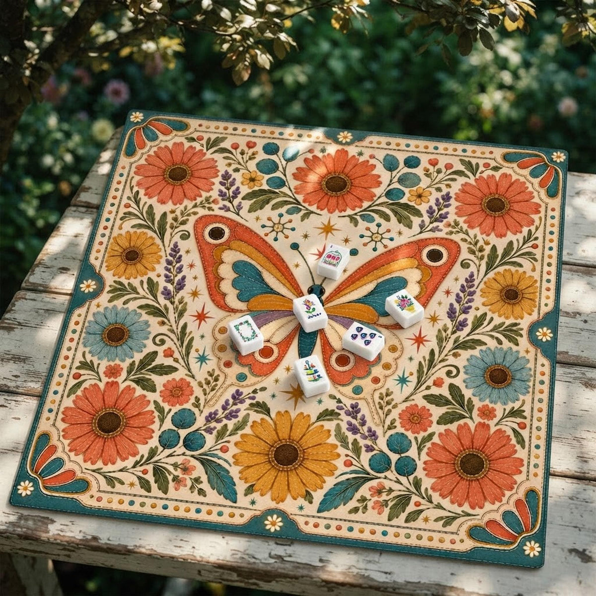 Retro Butterfly Mahjong Mat, Floral Polyester Surface, Non-Slip Rubber Backing