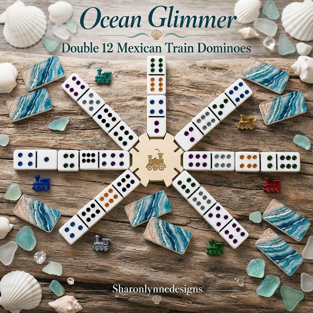 Ocean Acrylic Dominoes Set, Double 12 Mexican Train Game with Storage Box