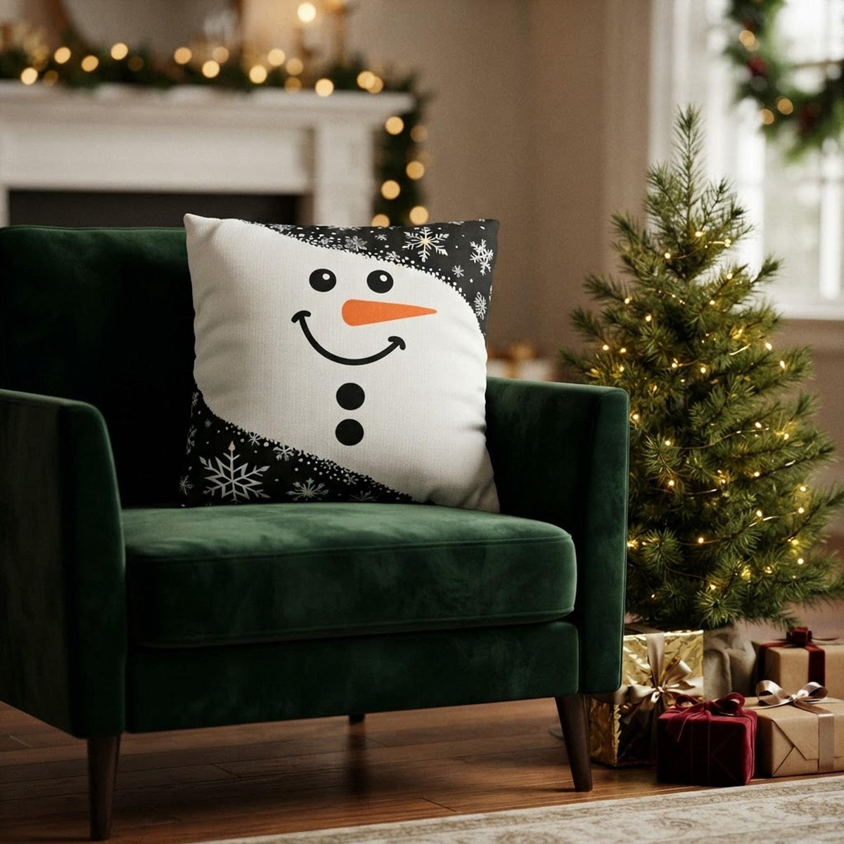 Christmas Pillowcase with Snowman Print, Faux Suede Square Cushion Cover