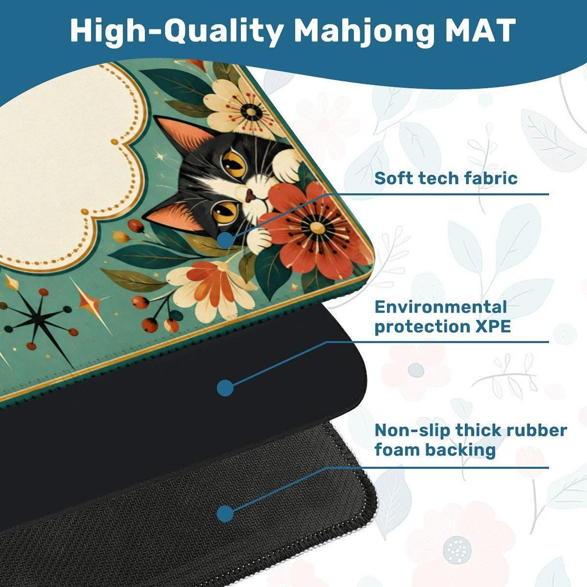 Retro Cat Mahjong Mat, American Game Mat with Non-Slip Rubber Backing