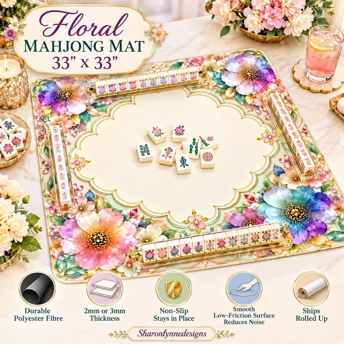 Floral American Mahjong Mat, 33" x 33" Polyester Game Surface