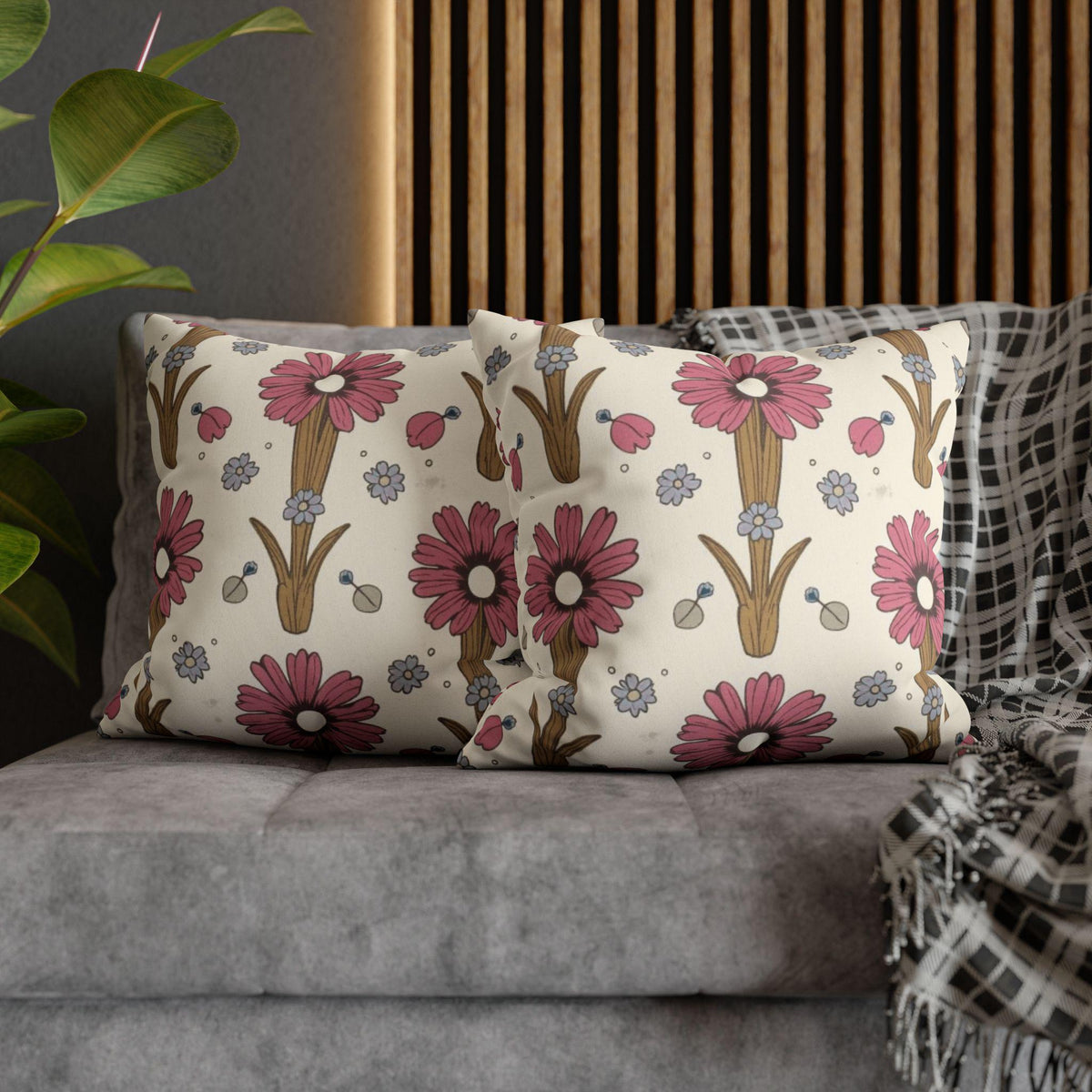 Pink Daisy Floral Faux Suede Square Pillowcase