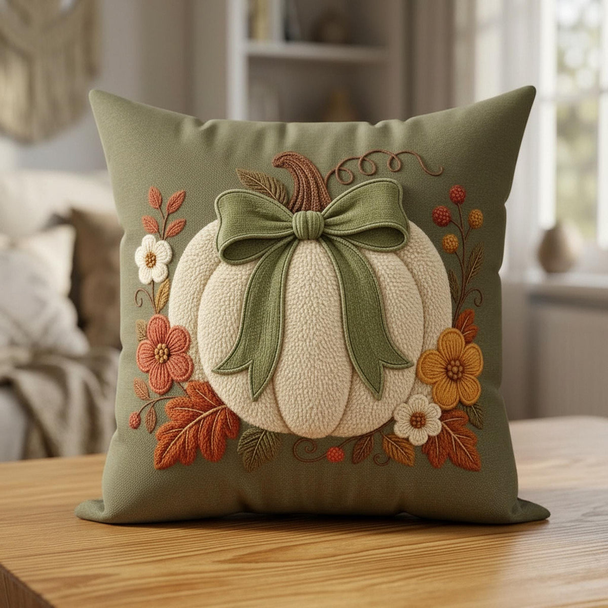 Double Sided Pillow Cover, 100% Faux Suede with Cream Pumpkin and Sage Bow