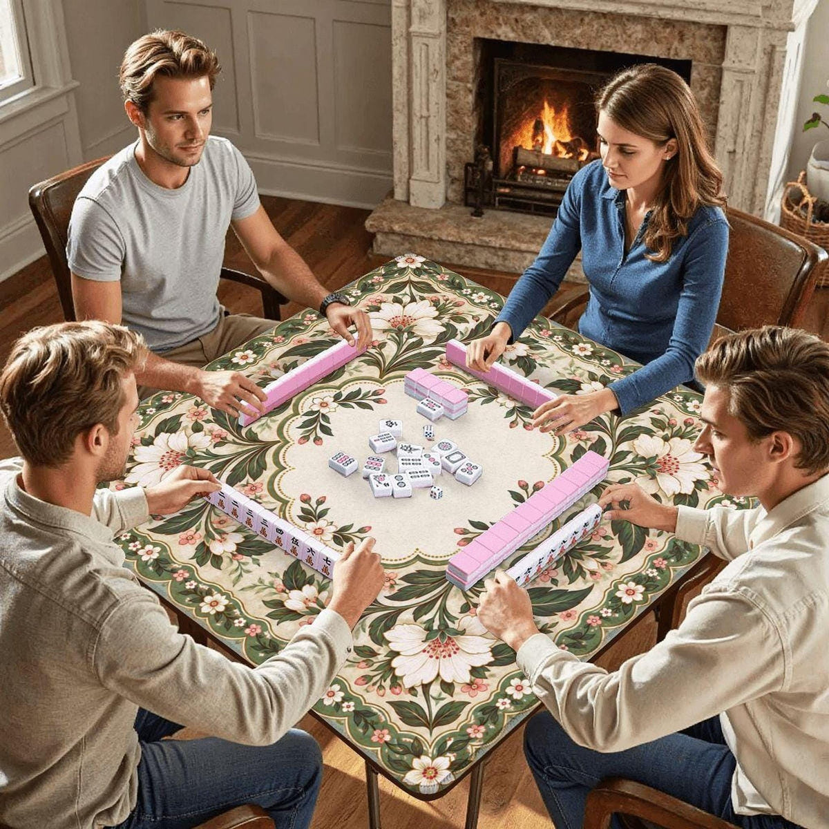 Floral American Mahjong Mat, Polyester Rubber Backing, Roll-Up Game Surface