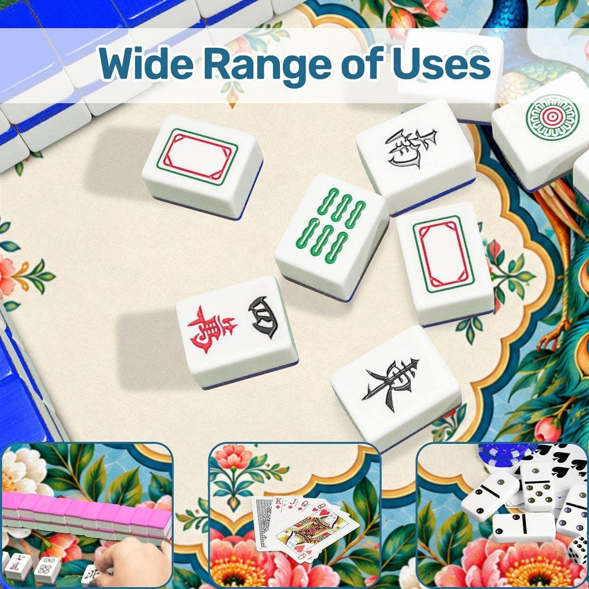 Peacock American Mahjong Mat, Non-Slip Rubber Backing, Polyester Surface
