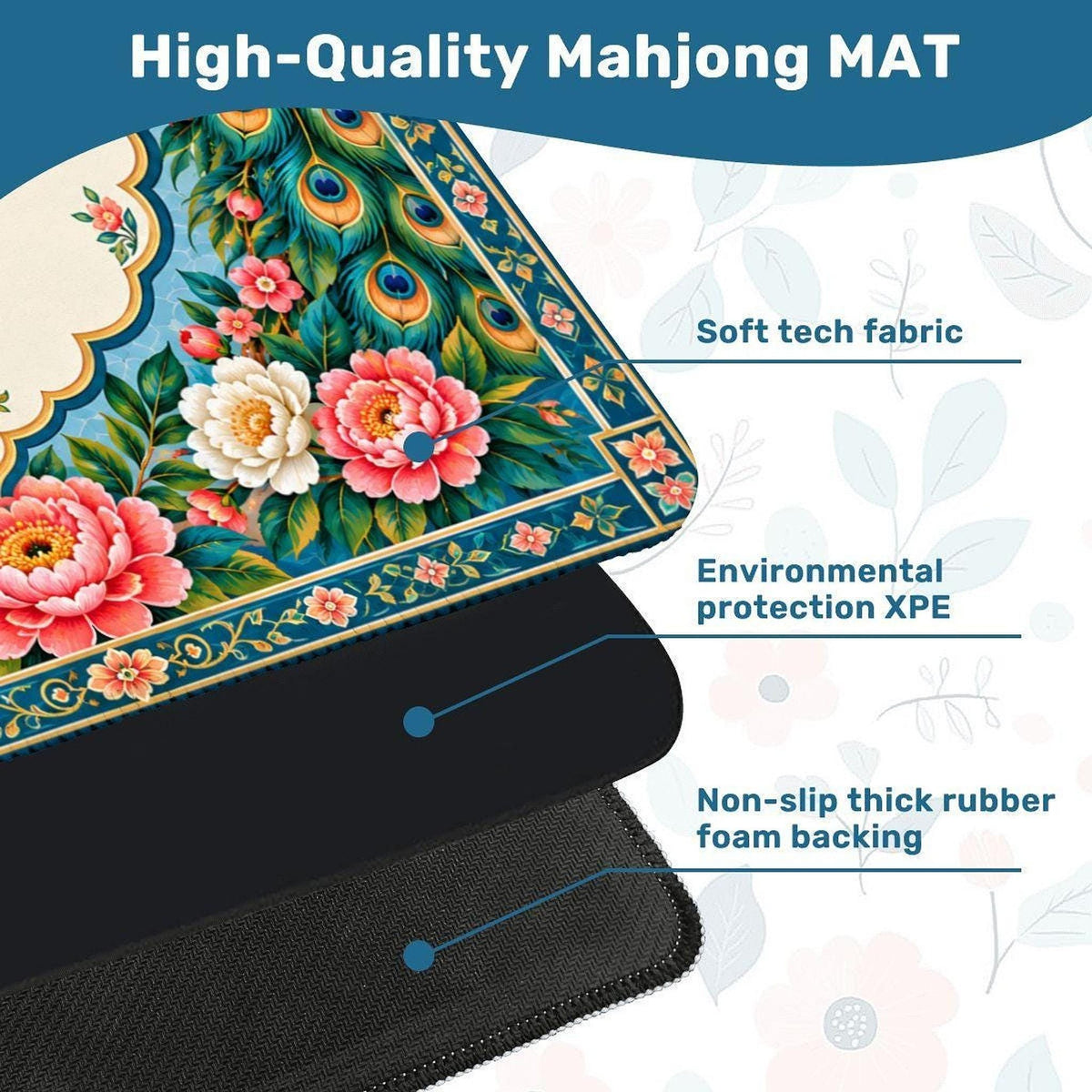 Peacock American Mahjong Mat, Non-Slip Rubber Backing, Polyester Surface