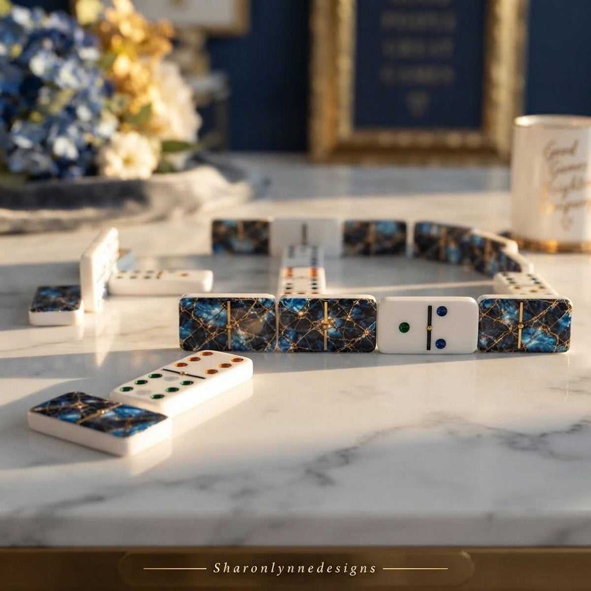 Blue Acrylic Double 12 Dominoes Set, Mexican Train Game with Storage Box