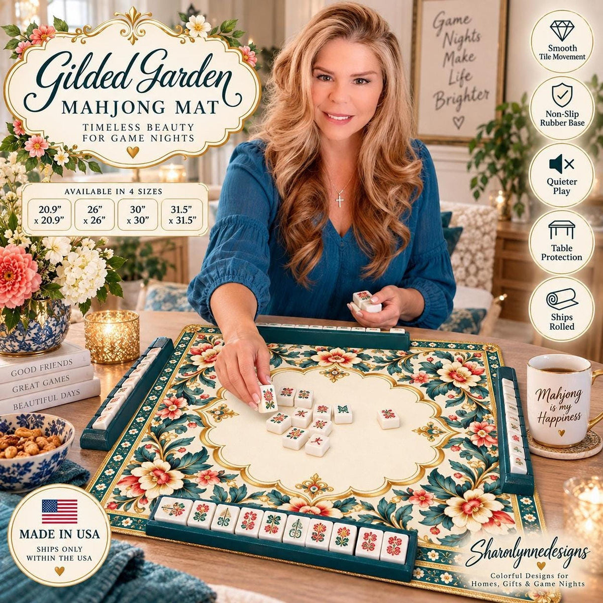 Gilded Garden American Mahjong Mat, Floral Polyester Surface With Rubber Backing