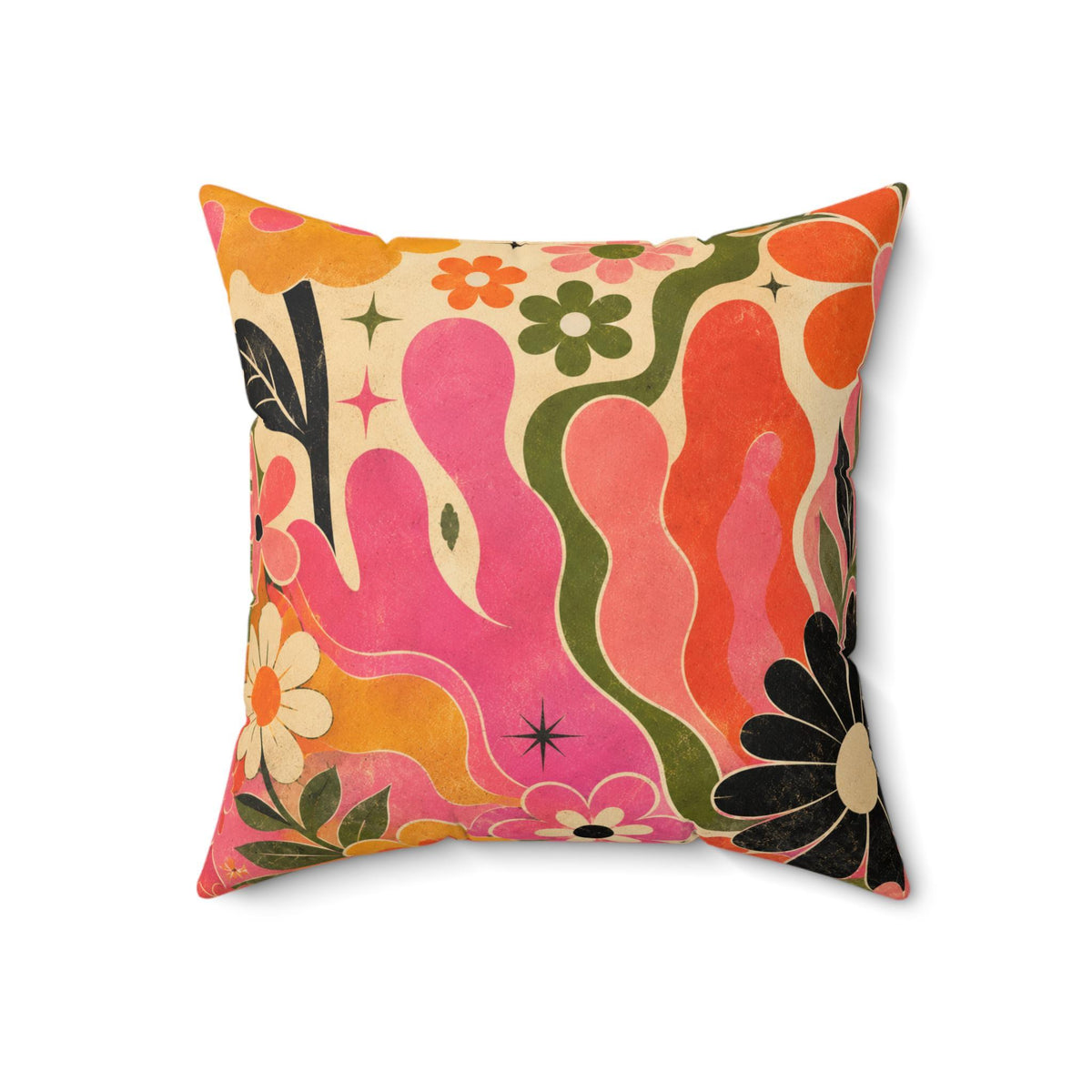 Retro Floral Pillow, 70s Boho Flower Pattern in Plush Faux Suede