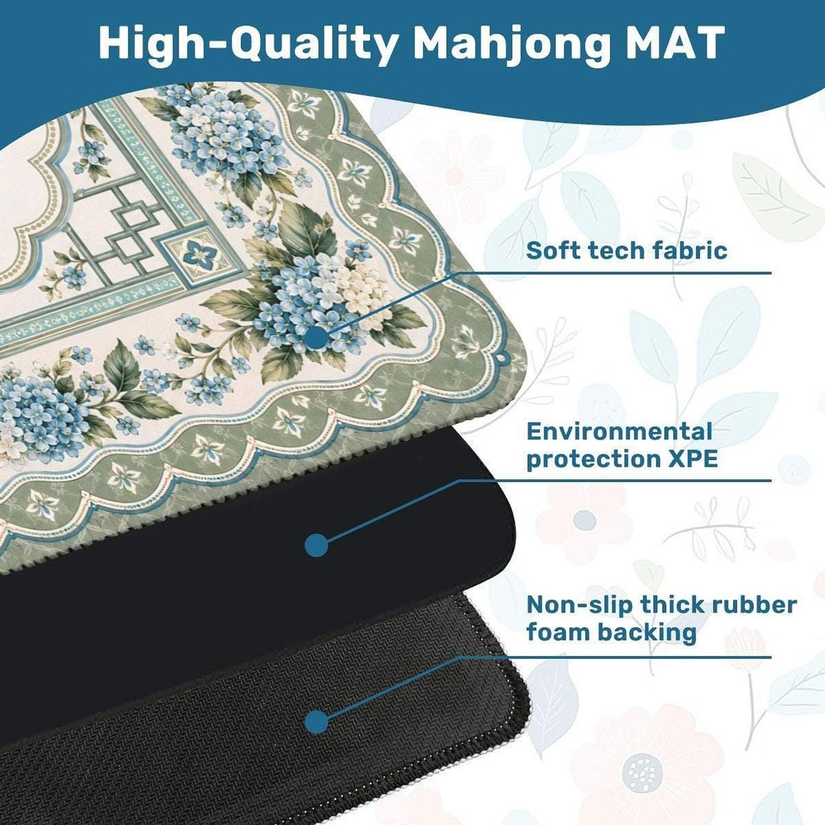 Sage Hydrangea Mahjong Mat, Polyester Surface with Non-Slip Rubber Backing