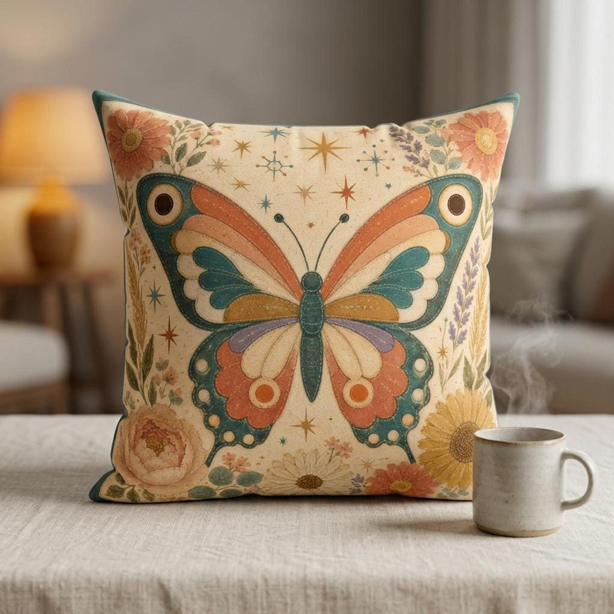 Retro Butterfly Pillow, Faux Suede Square Cover with Double-Sided Floral Print