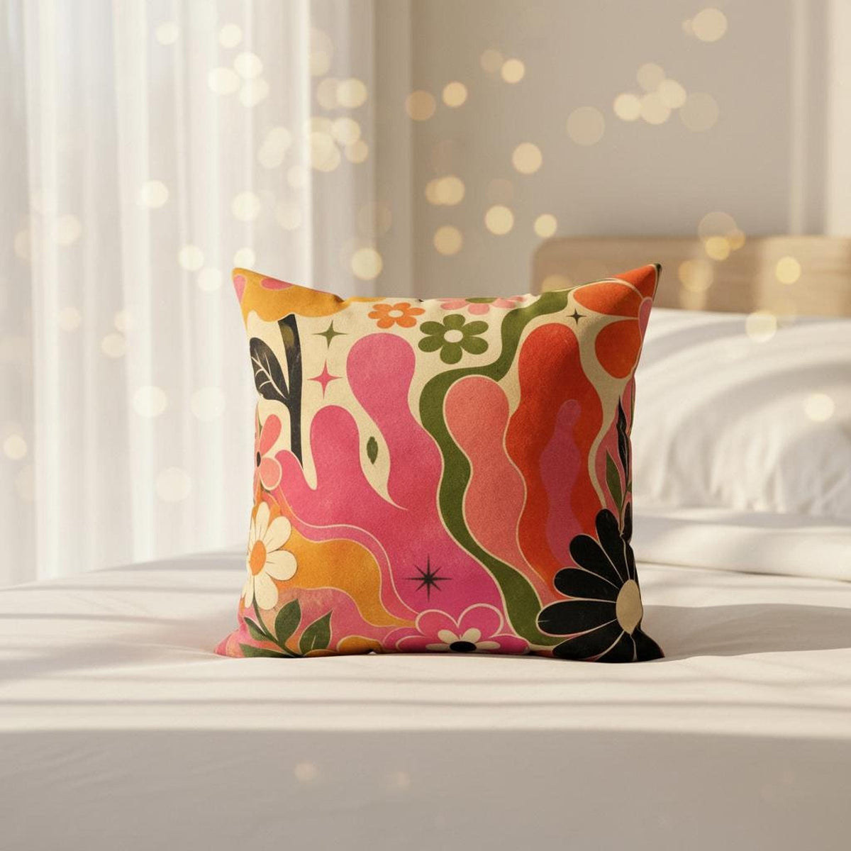 Retro Floral Pillow, 70s Boho Flower Pattern in Plush Faux Suede