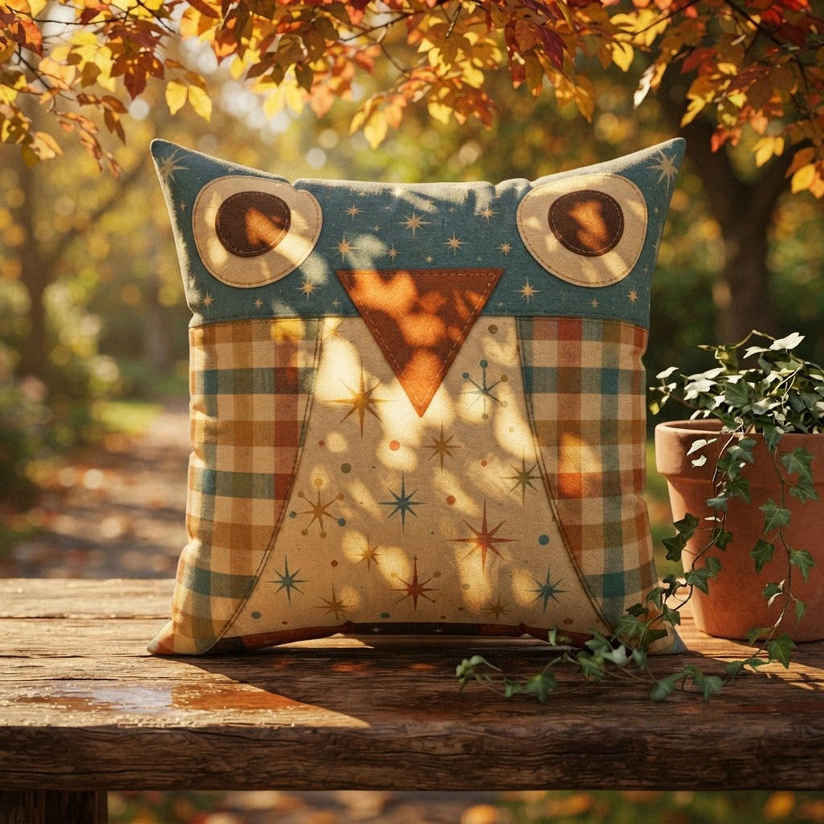 Owl Pillow Case, Faux Suede Square Cover with Vintage Plaid Design