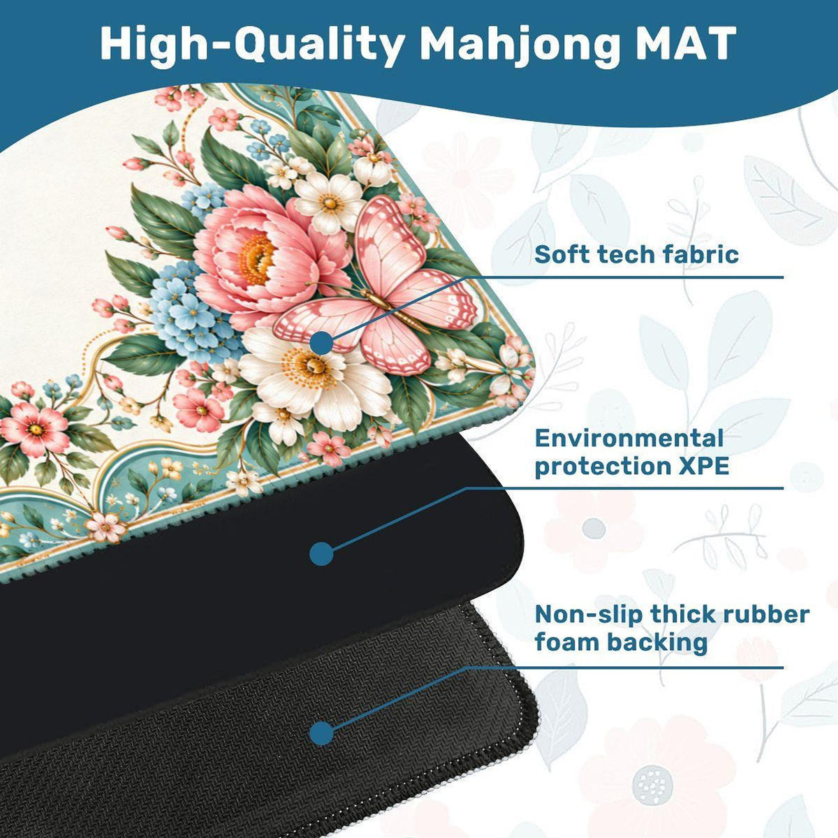 Floral Mahjong Mat, Polyester Roll-Up Play Mat with Rubber Backing