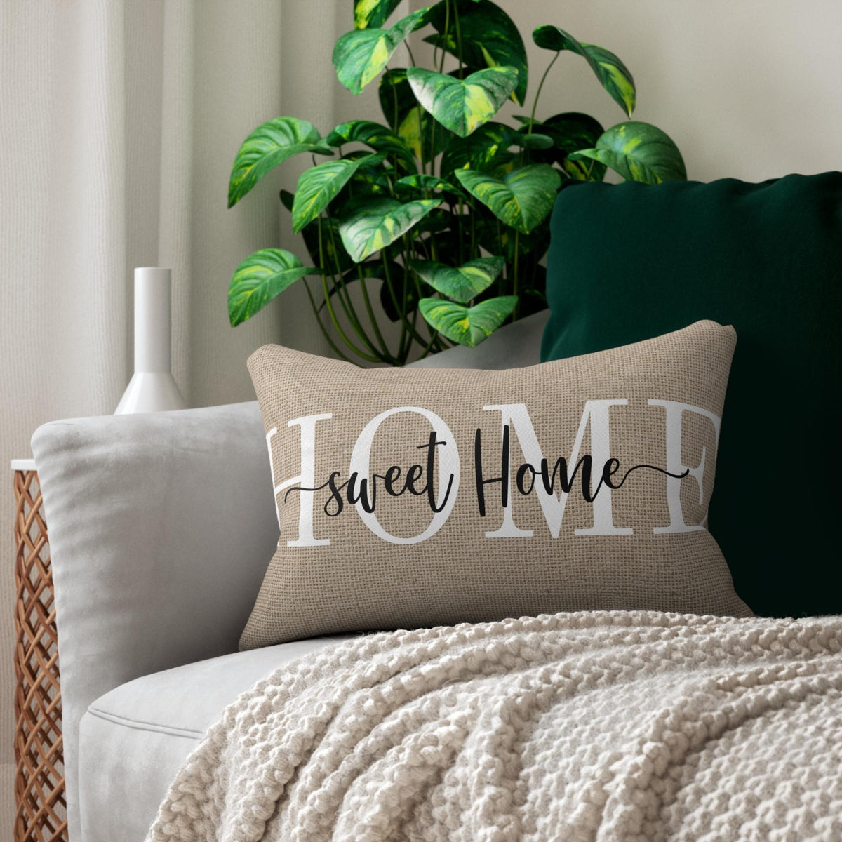 Farmhouse Lumbar Pillow, Beige Burlap Accent Cushion for Rustic Decor