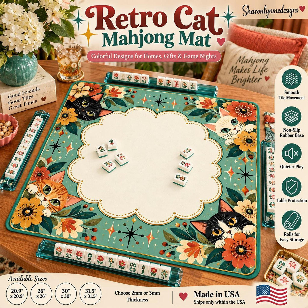Retro Cat Mahjong Mat, American Game Mat with Non-Slip Rubber Backing
