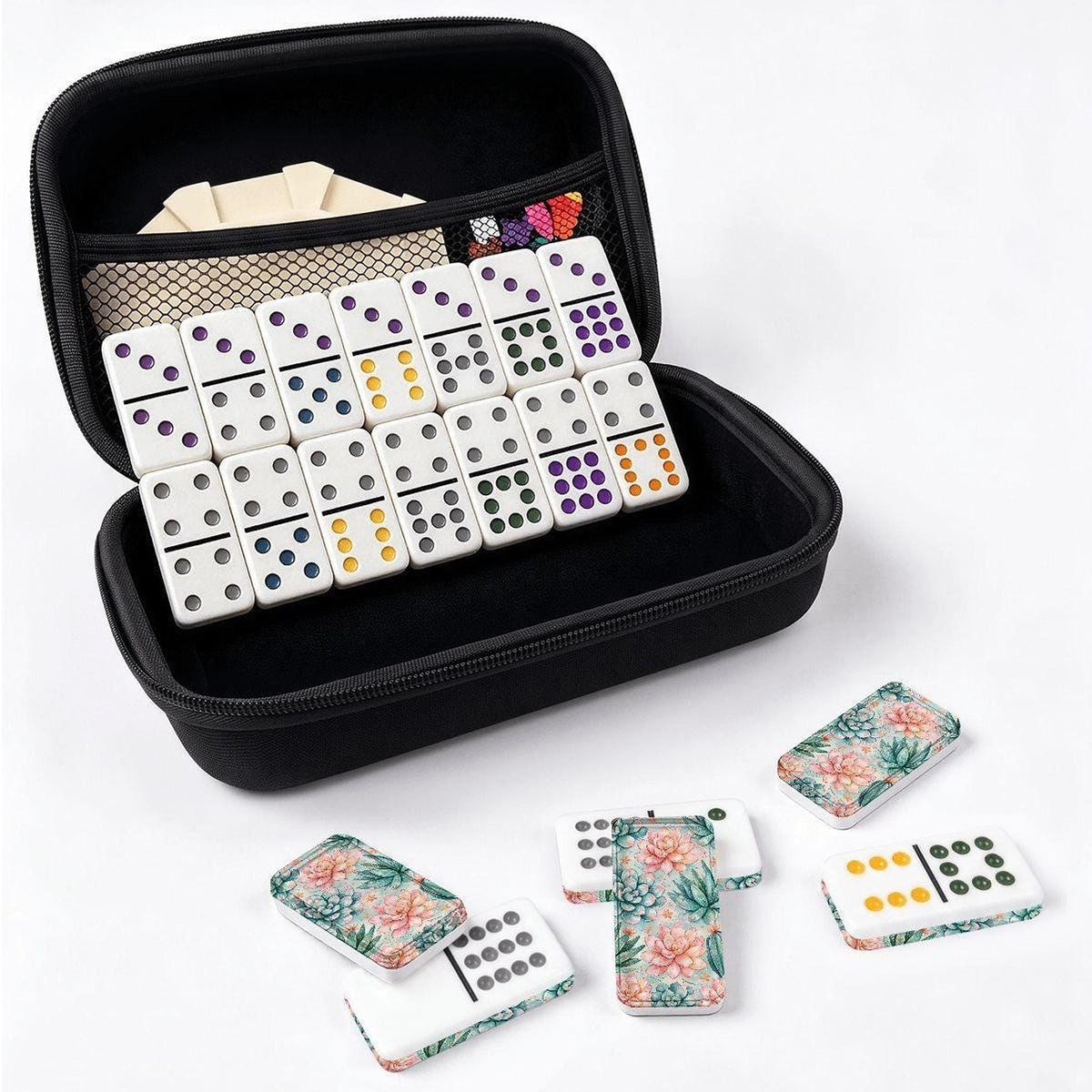 Mexican Train Set, Double 12 Acrylic Dominoes With Succulent Garden Design