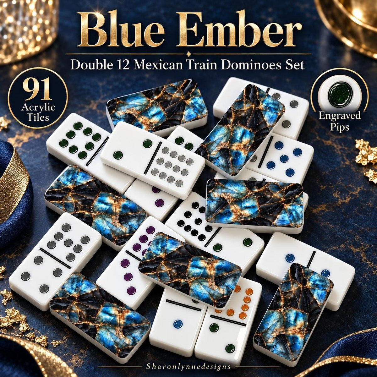 Blue Acrylic Double 12 Dominoes Set, Mexican Train Game with Storage Box